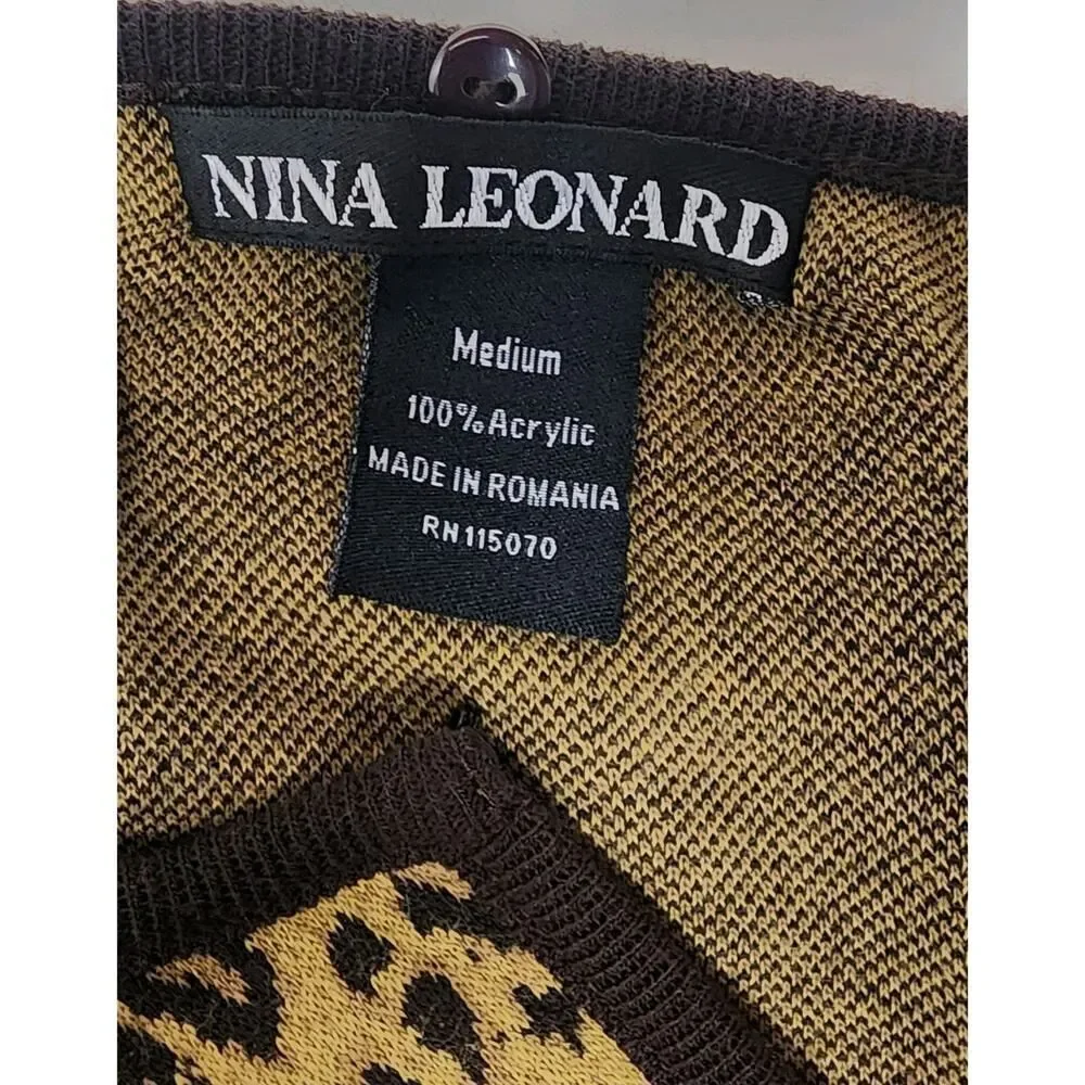 Nina Leonard Leopard Animal Print Matching Scarf Long Sleeve Cardigan Sweater M - Picture 10 of 11
